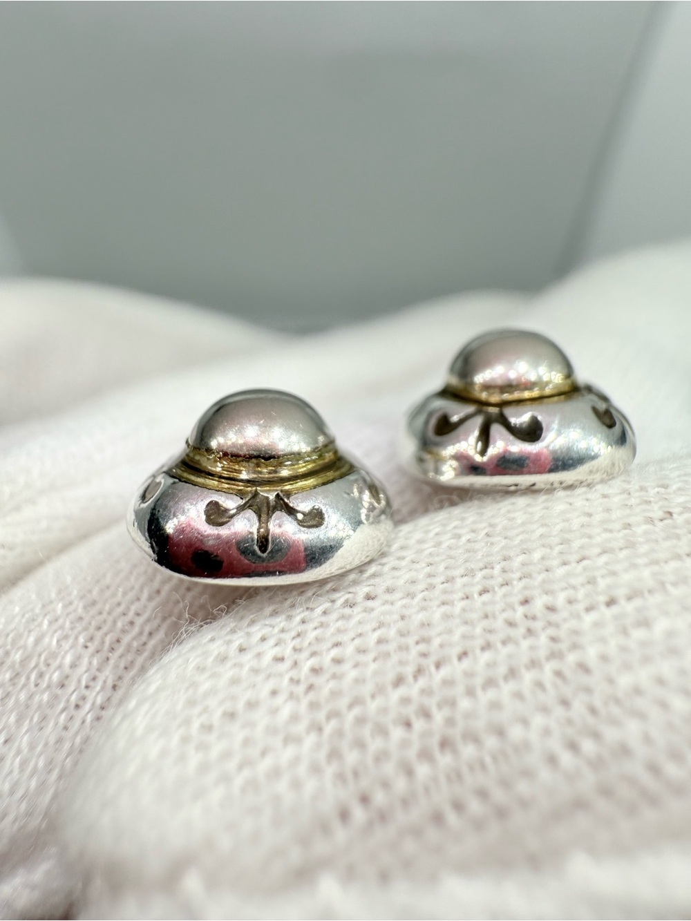 Sterling Silver Two-Tone Dome Stud Earrings - Silver & Gold Accent - Picture 12 of 14